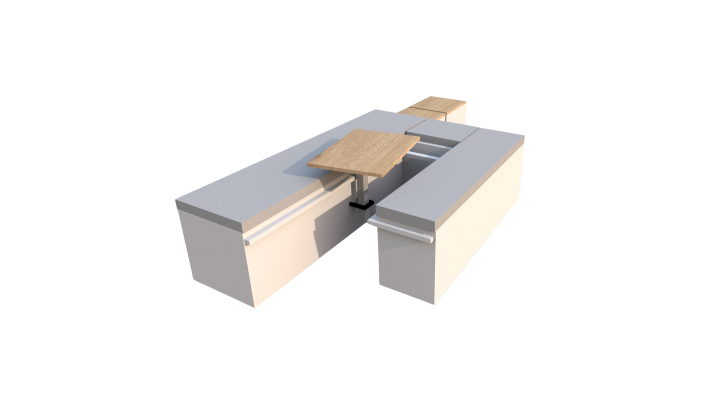 A digital render of the white laminate Sunbox with upholstery